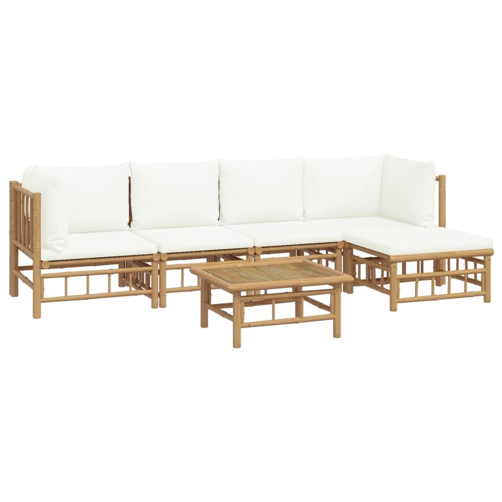 6 Piece Garden Lounge Set with Cream White Cushions Bamboo