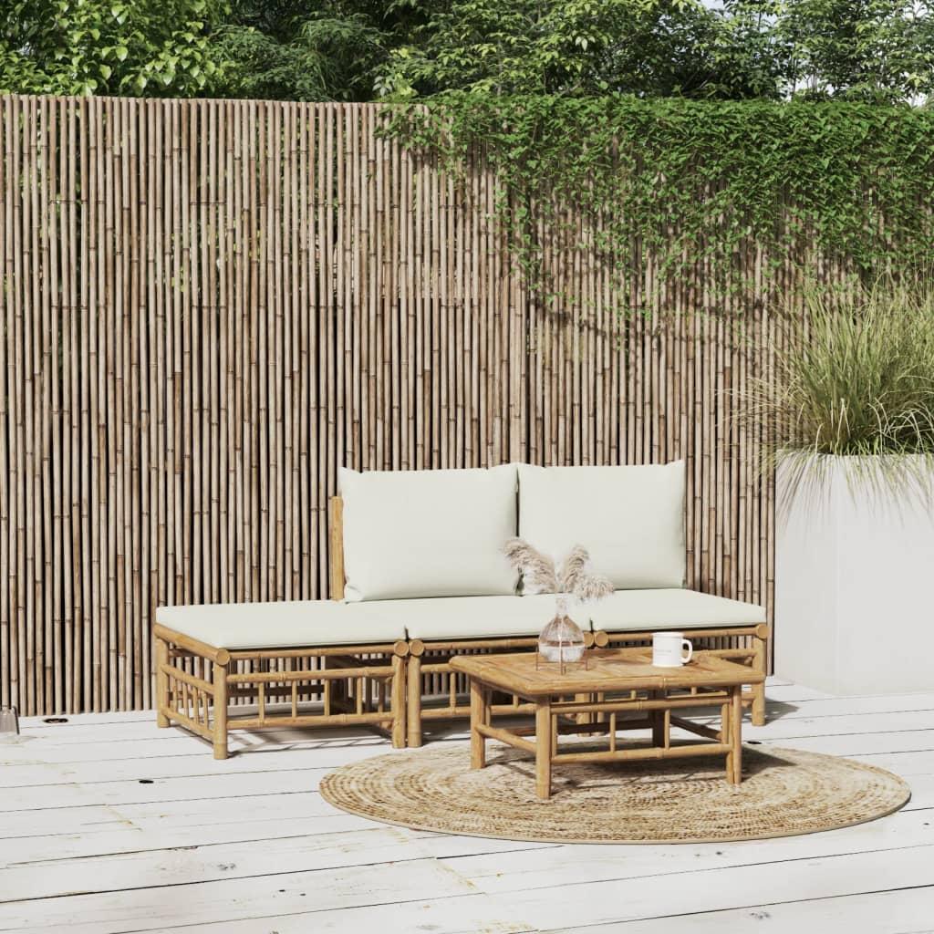 4 Piece Garden Lounge Set with Cream White Cushions Bamboo