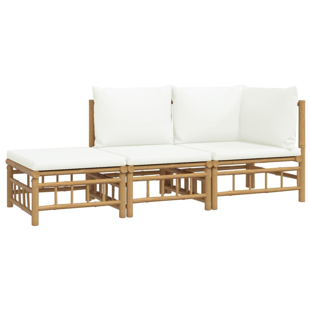 3 Piece Garden Lounge Set with Cream White Cushions Bamboo