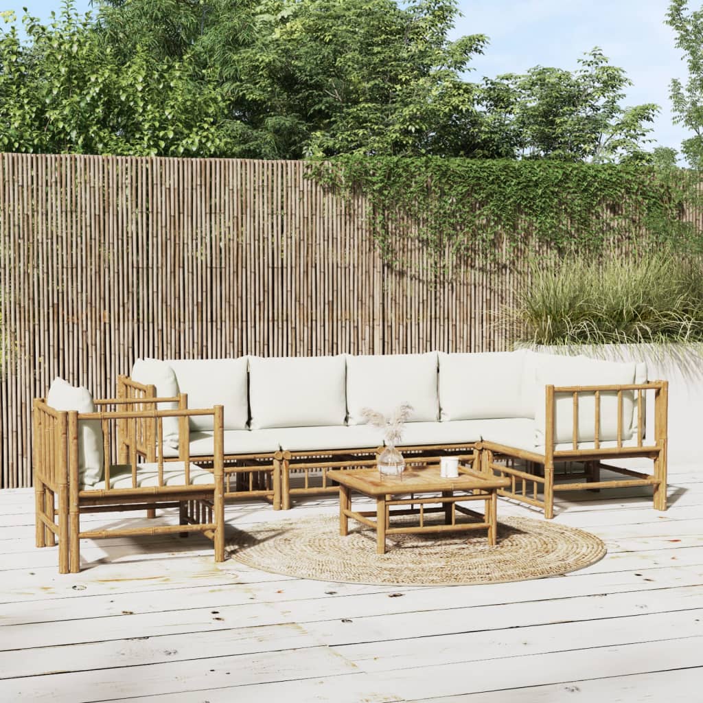 7 Piece Garden Lounge Set with Cream White Cushions Bamboo