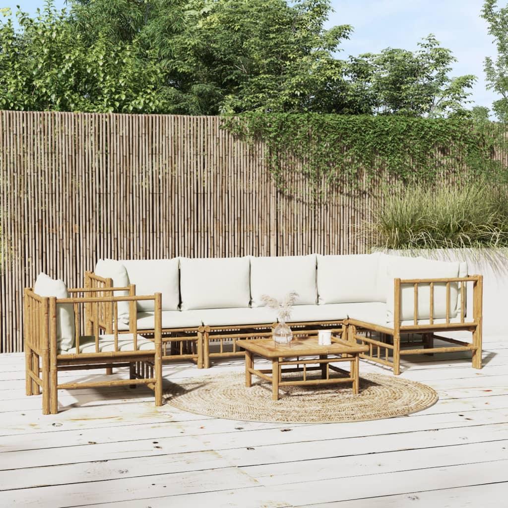 7 Piece Garden Lounge Set with Cream White Cushions Bamboo