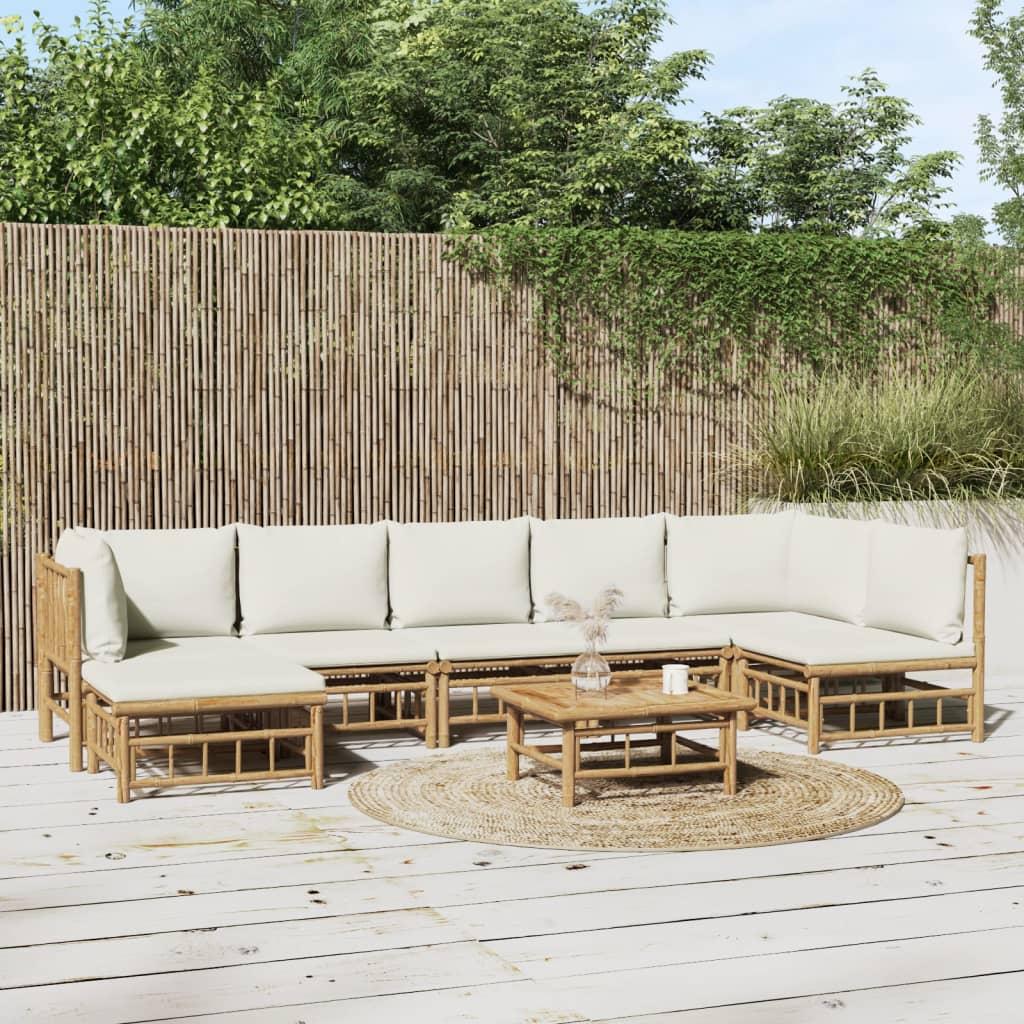 8 Piece Garden Lounge Set with Cream White Cushions Bamboo