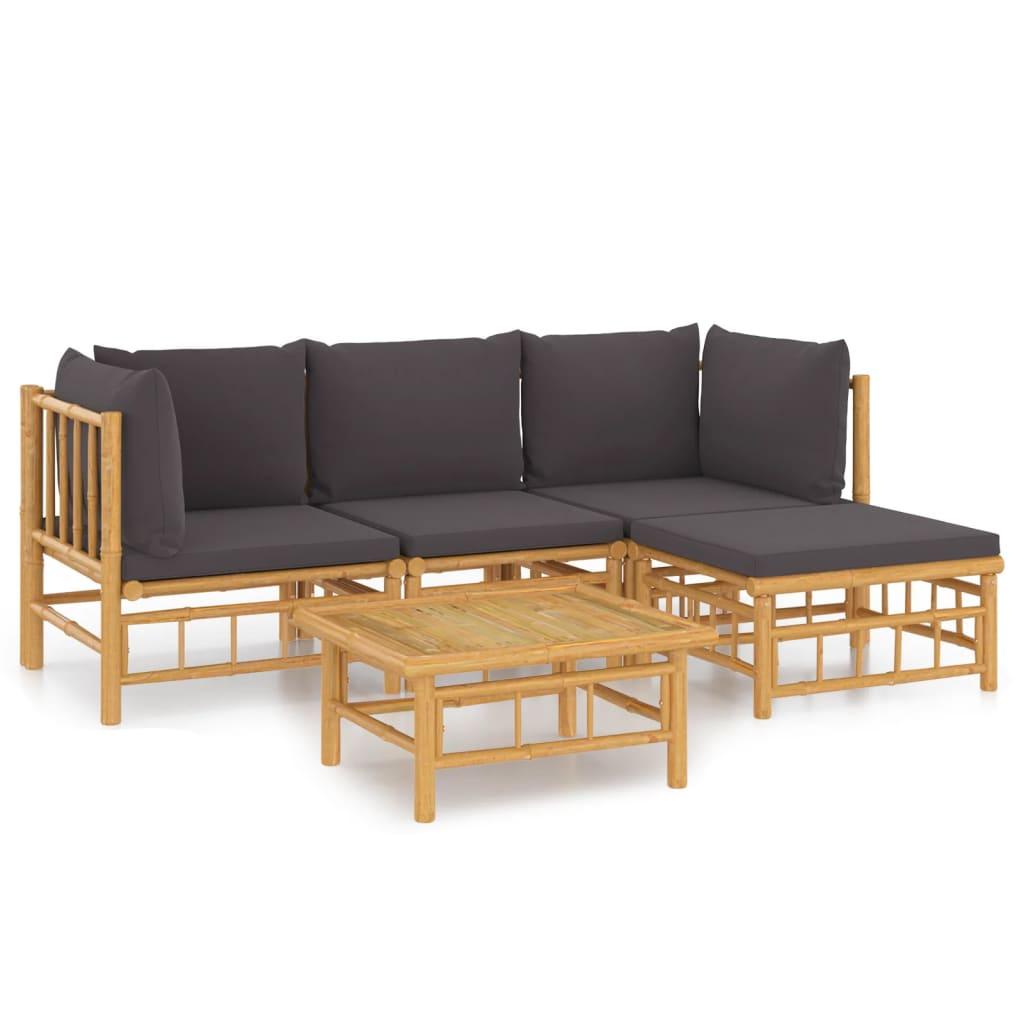 5 Piece Garden Lounge Set with Dark Grey Cushions Bamboo