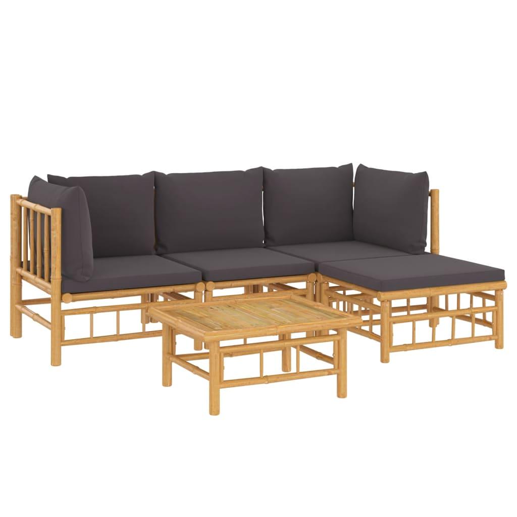 5 Piece Garden Lounge Set with Dark Grey Cushions Bamboo