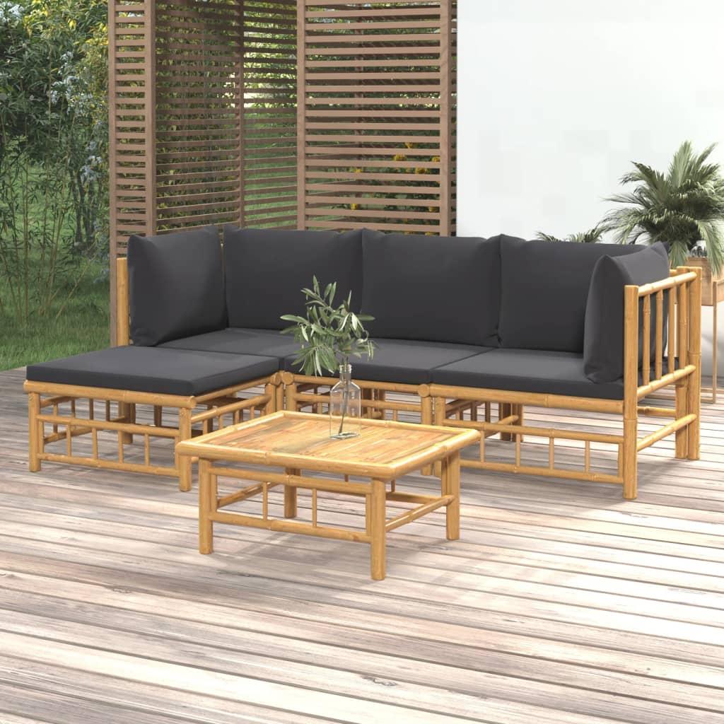 5 Piece Garden Lounge Set with Dark Grey Cushions Bamboo
