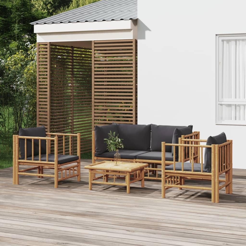 5 Piece Garden Lounge Set with Dark Grey Cushions Bamboo