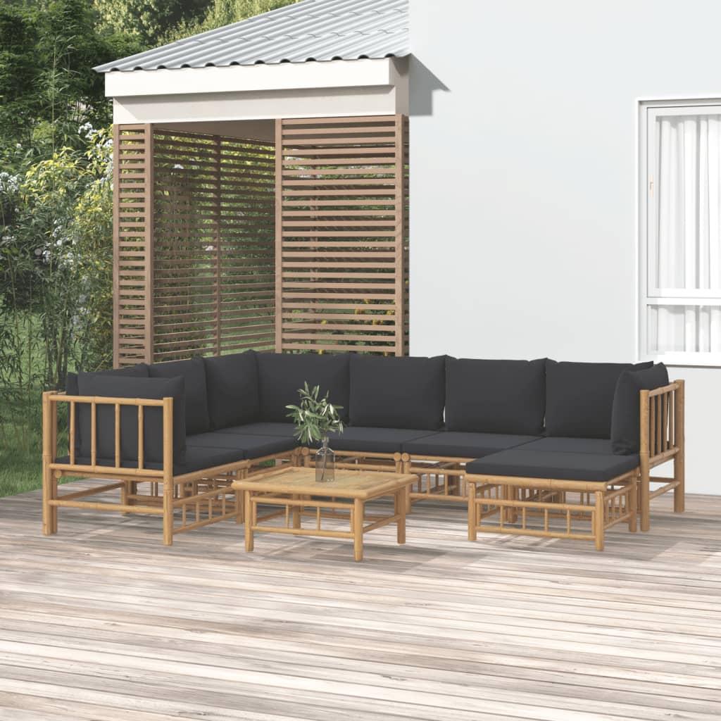 8 Piece Garden Lounge Set with Dark Grey Cushions Bamboo