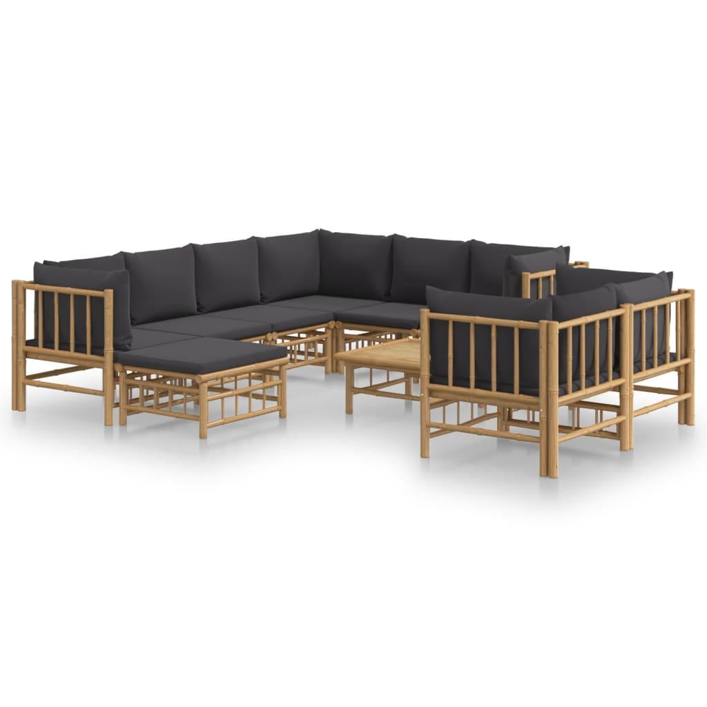 10 Piece Garden Lounge Set with Dark Grey Cushions Bamboo