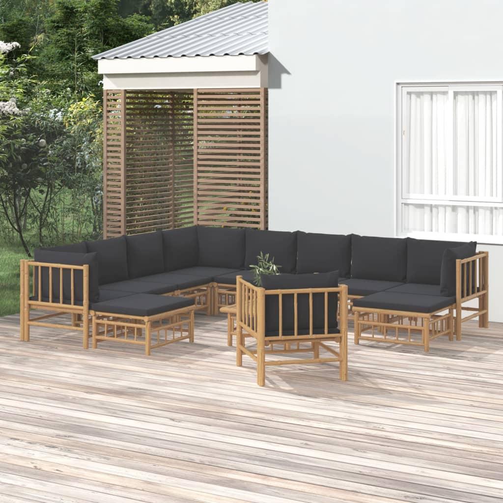 12 Piece Garden Lounge Set with Dark Grey Cushions Bamboo