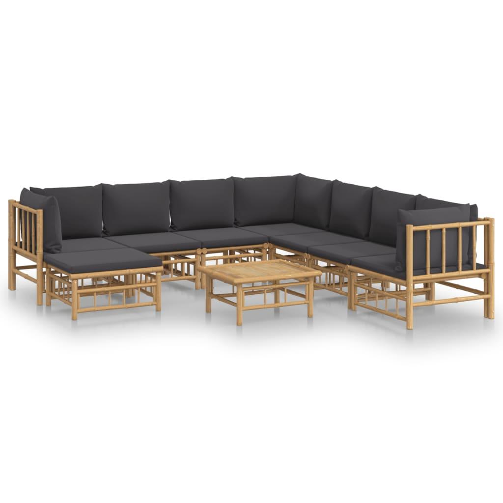 9 Piece Garden Lounge Set with Dark Grey Cushions Bamboo