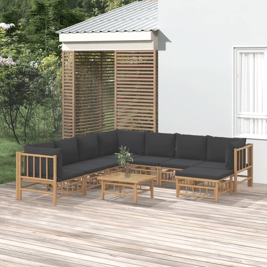 9 Piece Garden Lounge Set with Dark Grey Cushions Bamboo
