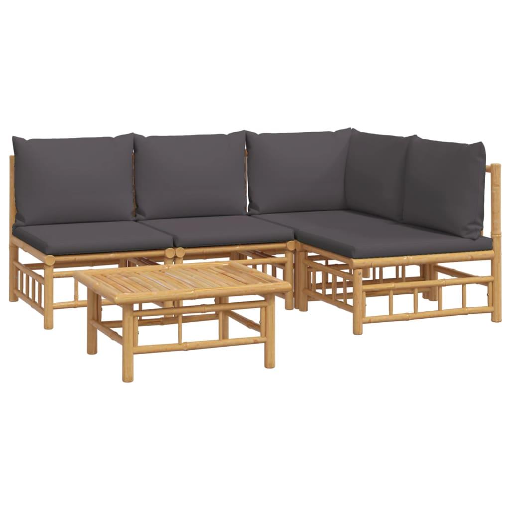 5 Piece Garden Lounge Set with Dark Grey Cushions Bamboo