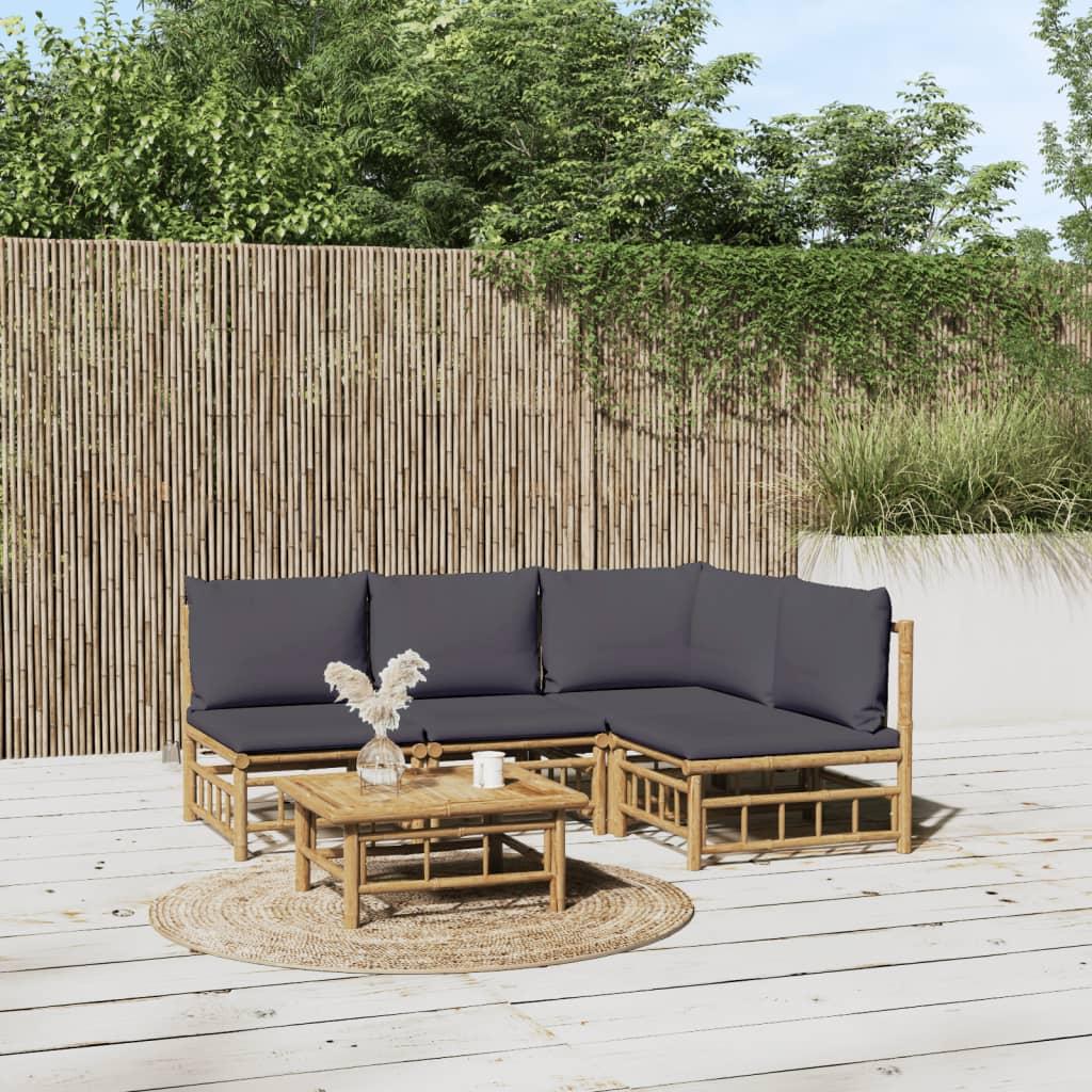 5 Piece Garden Lounge Set with Dark Grey Cushions Bamboo
