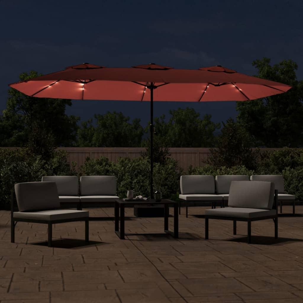 Double-Head Garden Parasol with LEDs Terracotta 449x265 cm