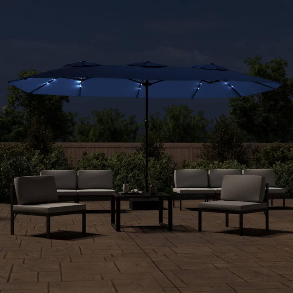 Double-Head Garden Parasol with LEDs Azure Blue 449x265 cm