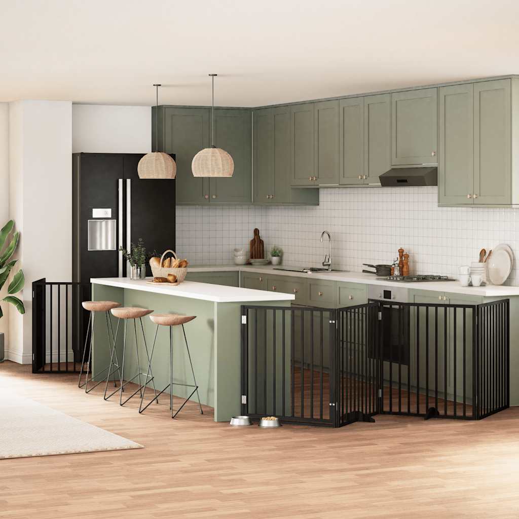 Dog Gate with Door Foldable 8 Panels Black 640 cm Poplar Wood