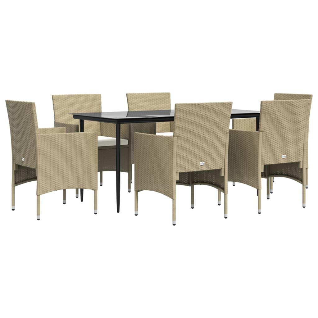 7 Piece Garden Dining Set with Cushions Beige and Black