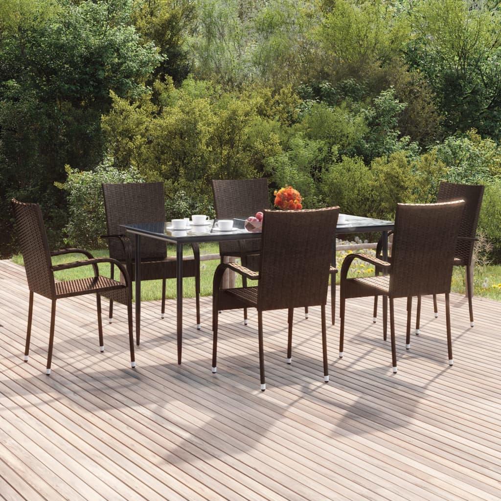 7 Piece Garden Dining Set Brown Poly Rattan