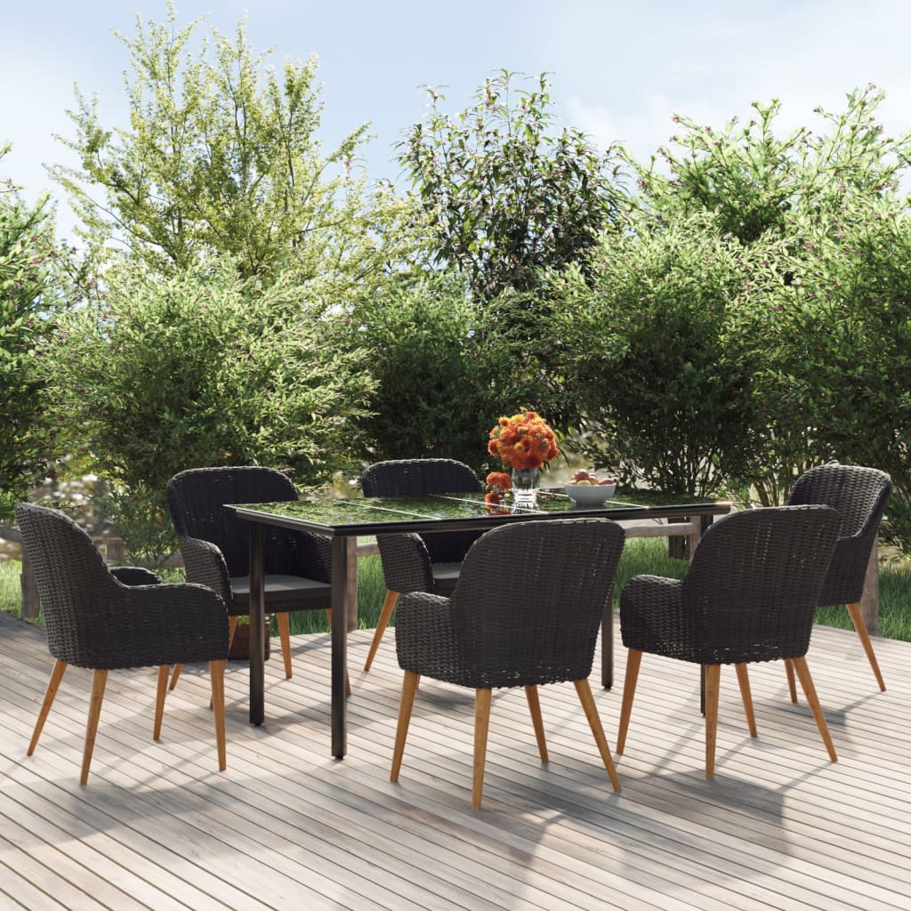 7 Piece Garden Dining Set with Cushions Black