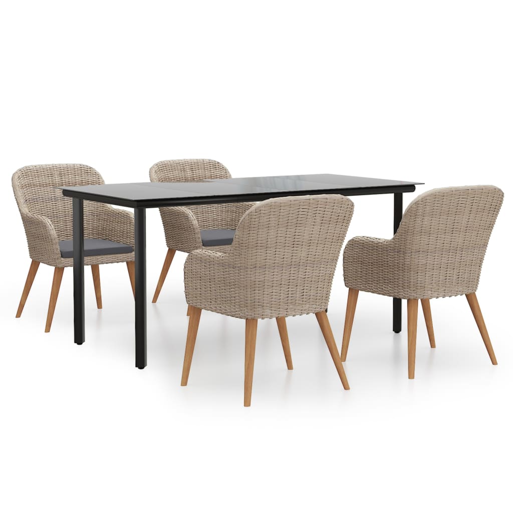 5 Piece Garden Dining Set with Cushions Brown