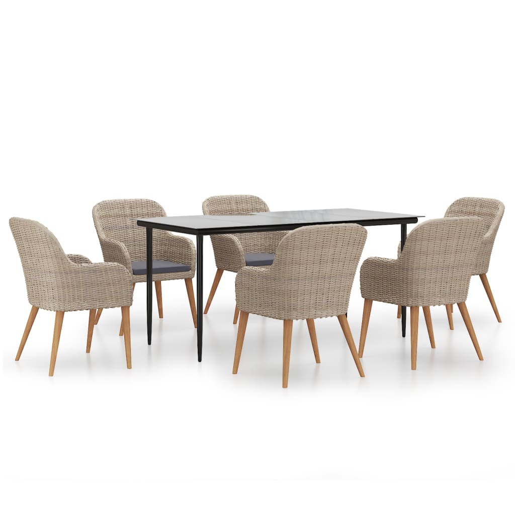 7 Piece Garden Dining Set with Cushions Brown