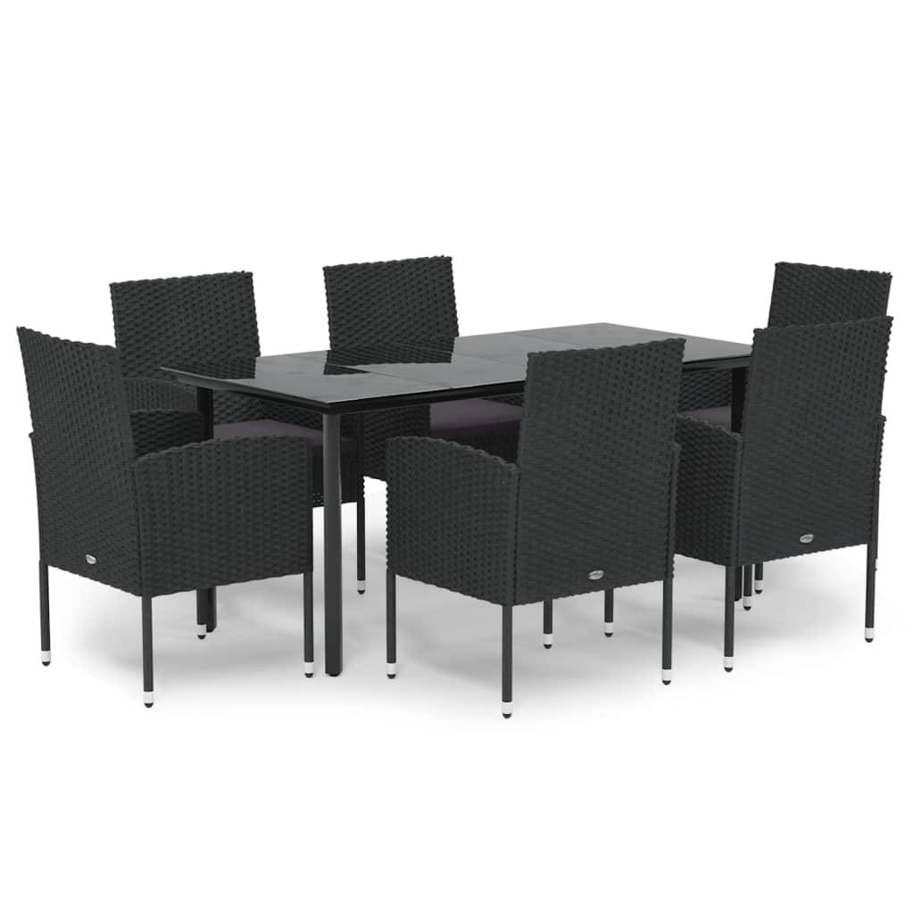 7 Piece Garden Dining Set with Cushions Black Poly Rattan