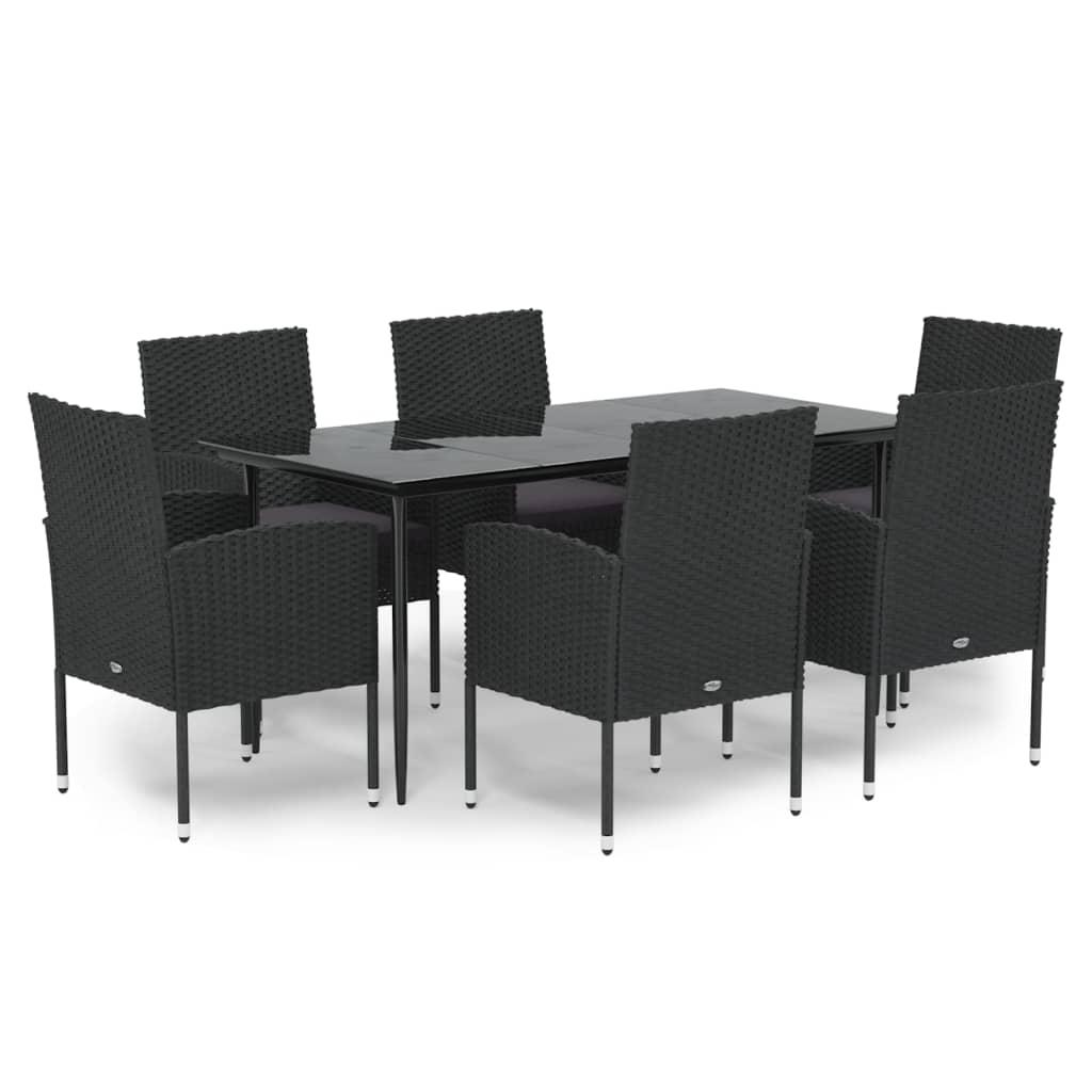7 Piece Garden Dining Set with Cushions Black Poly Rattan