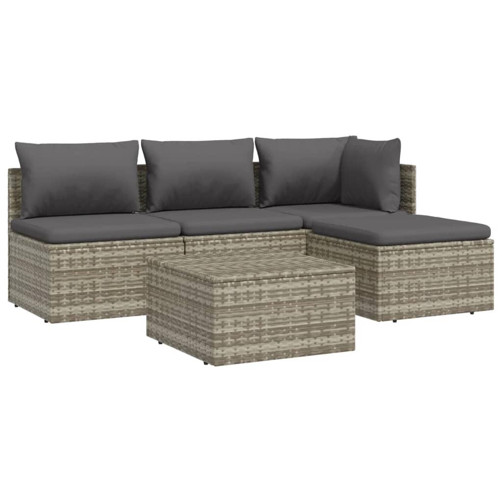 5 Piece Garden Lounge Set with Cushions Grey Poly Rattan