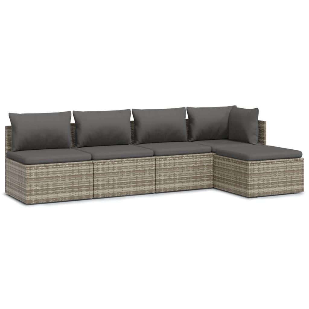 5 Piece Garden Lounge Set with Cushions Grey Poly Rattan
