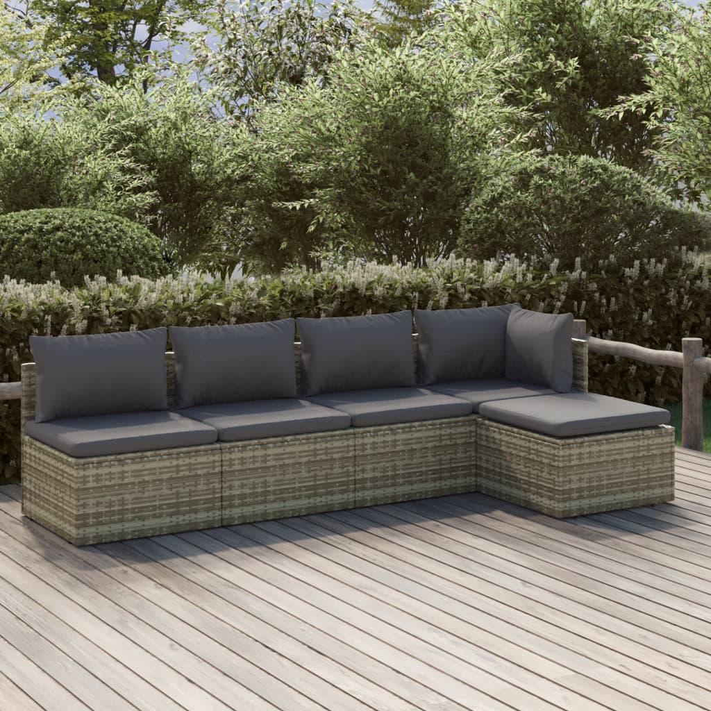5 Piece Garden Lounge Set with Cushions Grey Poly Rattan