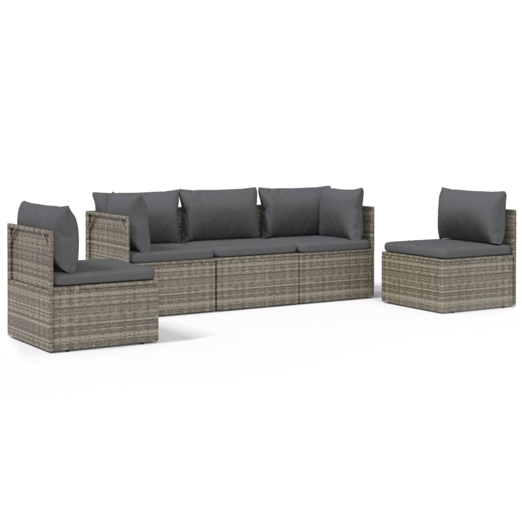 5 Piece Garden Lounge Set with Cushions Grey Poly Rattan