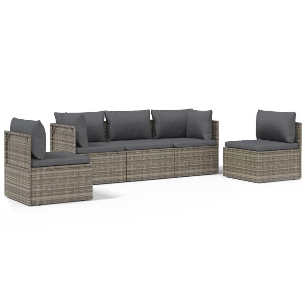 5 Piece Garden Lounge Set with Cushions Grey Poly Rattan