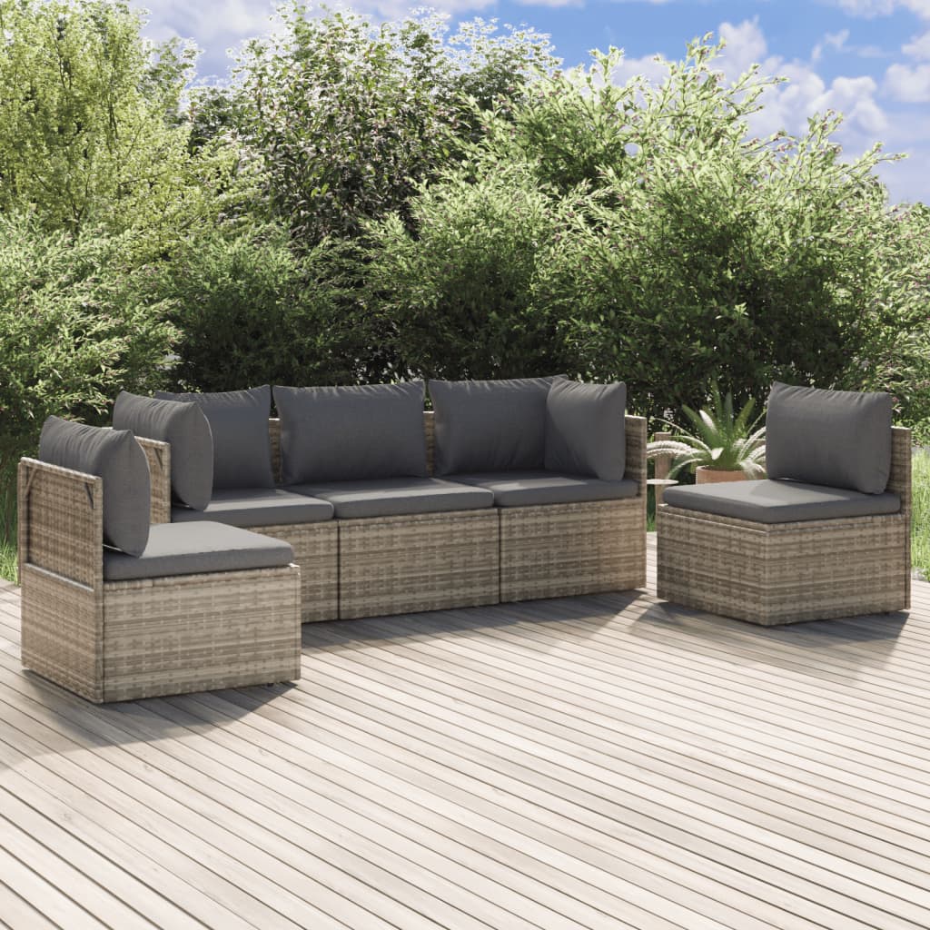 5 Piece Garden Lounge Set with Cushions Grey Poly Rattan