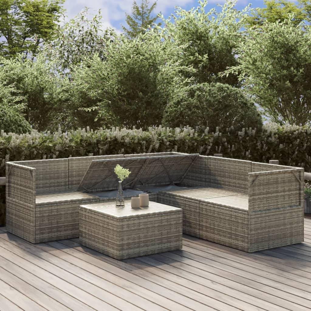 6 Piece Garden Lounge Set with Cushions Grey Poly Rattan