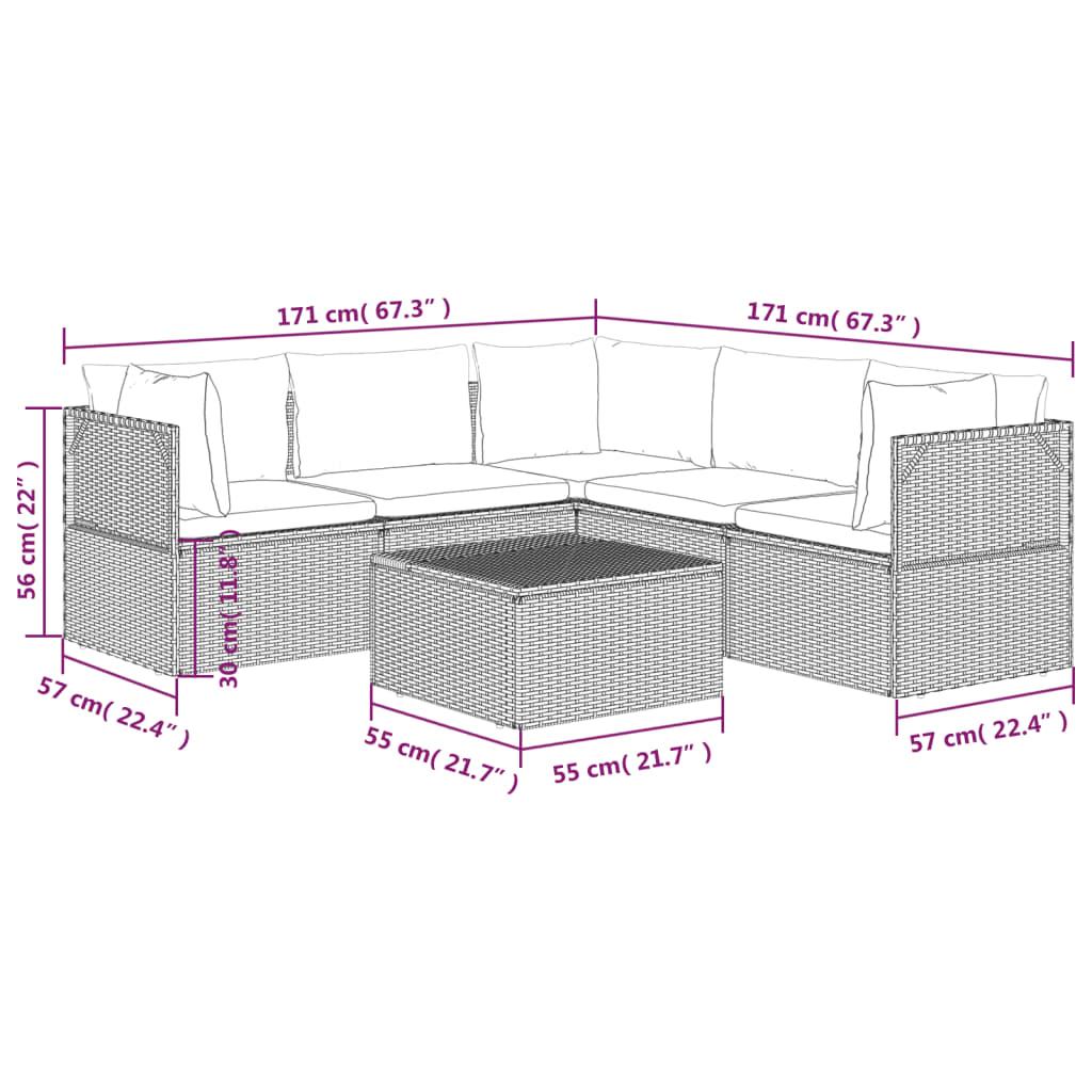 6 Piece Garden Lounge Set with Cushions Grey Poly Rattan
