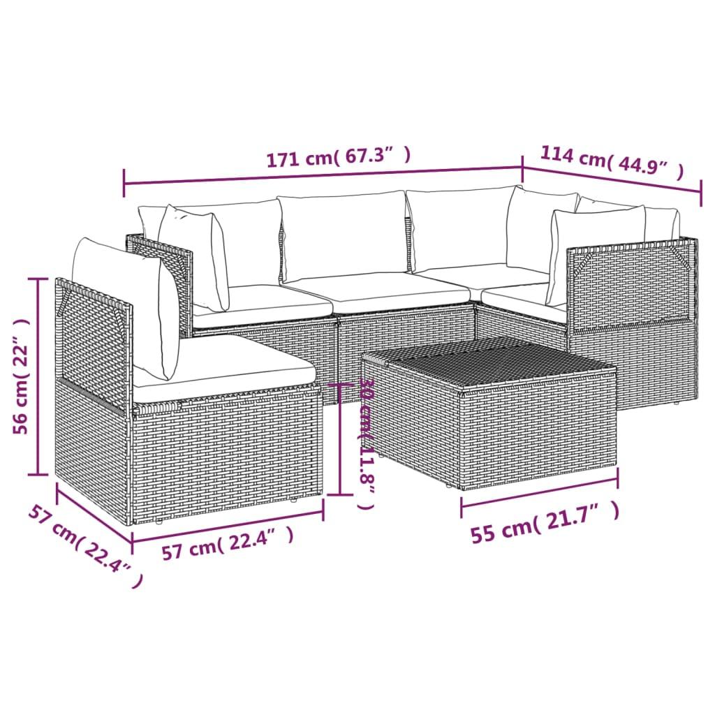 6 Piece Garden Lounge Set with Cushions Grey Poly Rattan