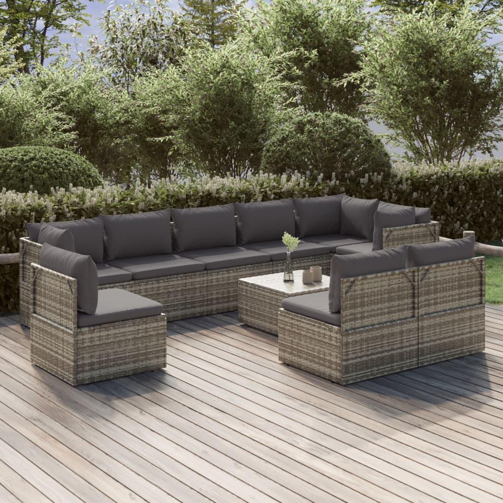 10 Piece Garden Lounge Set with Cushions Grey Poly Rattan