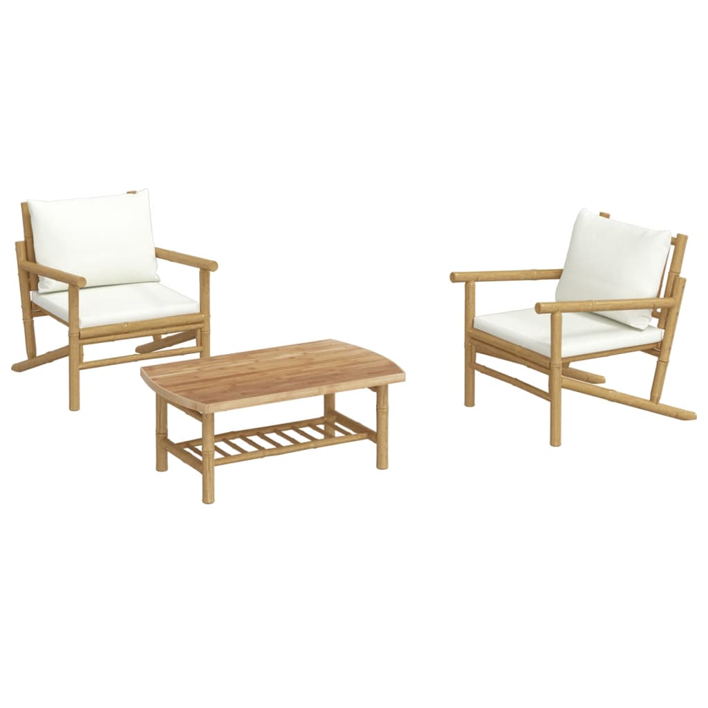 3 Piece Garden Lounge Set with Cream White Cushions Bamboo