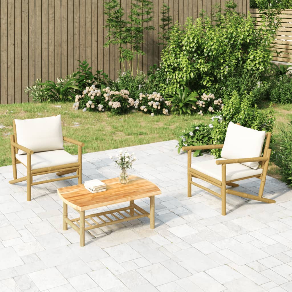3 Piece Garden Lounge Set with Cream White Cushions Bamboo