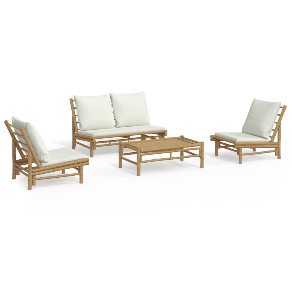 4 Piece Garden Lounge Set with Cream White Cushions Bamboo