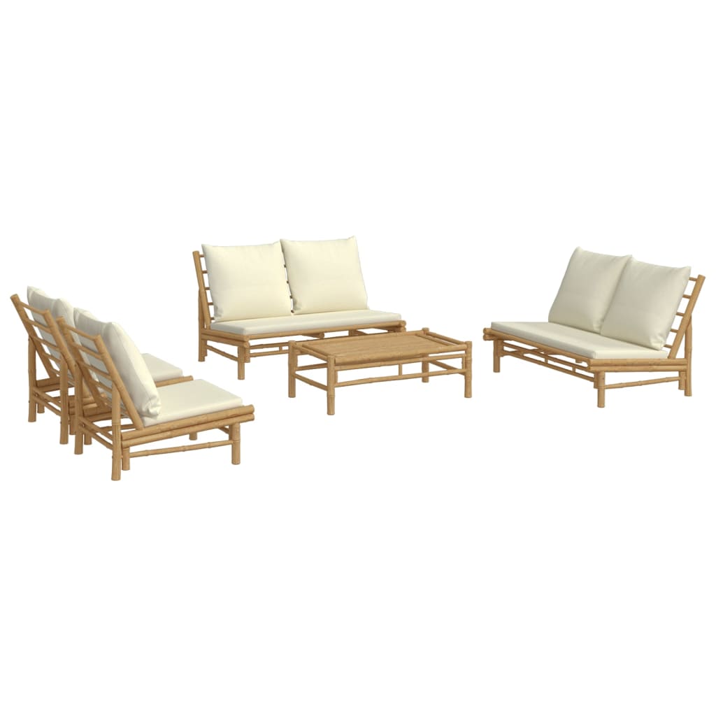 5 Piece Garden Lounge Set with Cream White Cushions Bamboo
