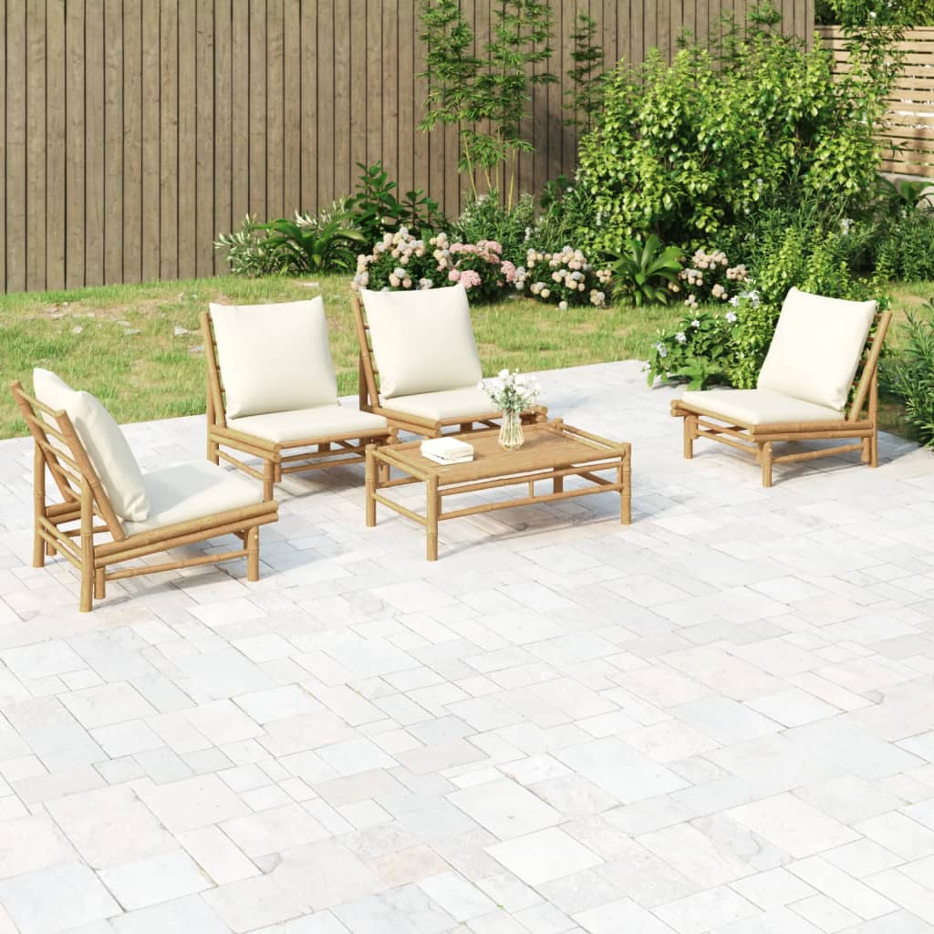 5 Piece Garden Lounge Set with Cream White Cushions Bamboo