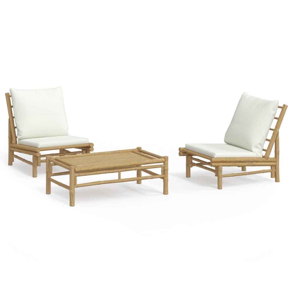 3 Piece Garden Lounge Set with Cream White Cushions Bamboo