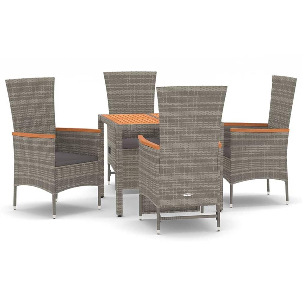 5 Piece Garden Dining Set with Cushions Grey Poly Rattan
