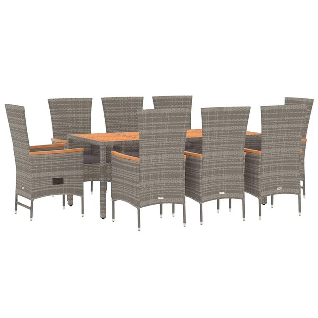 9 Piece Garden Dining Set with Cushions Grey Poly Rattan