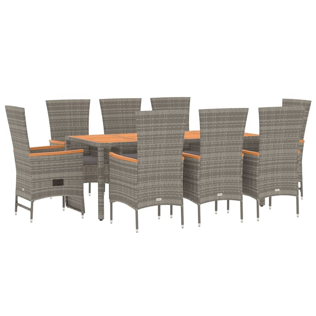 9 Piece Garden Dining Set with Cushions Grey Poly Rattan