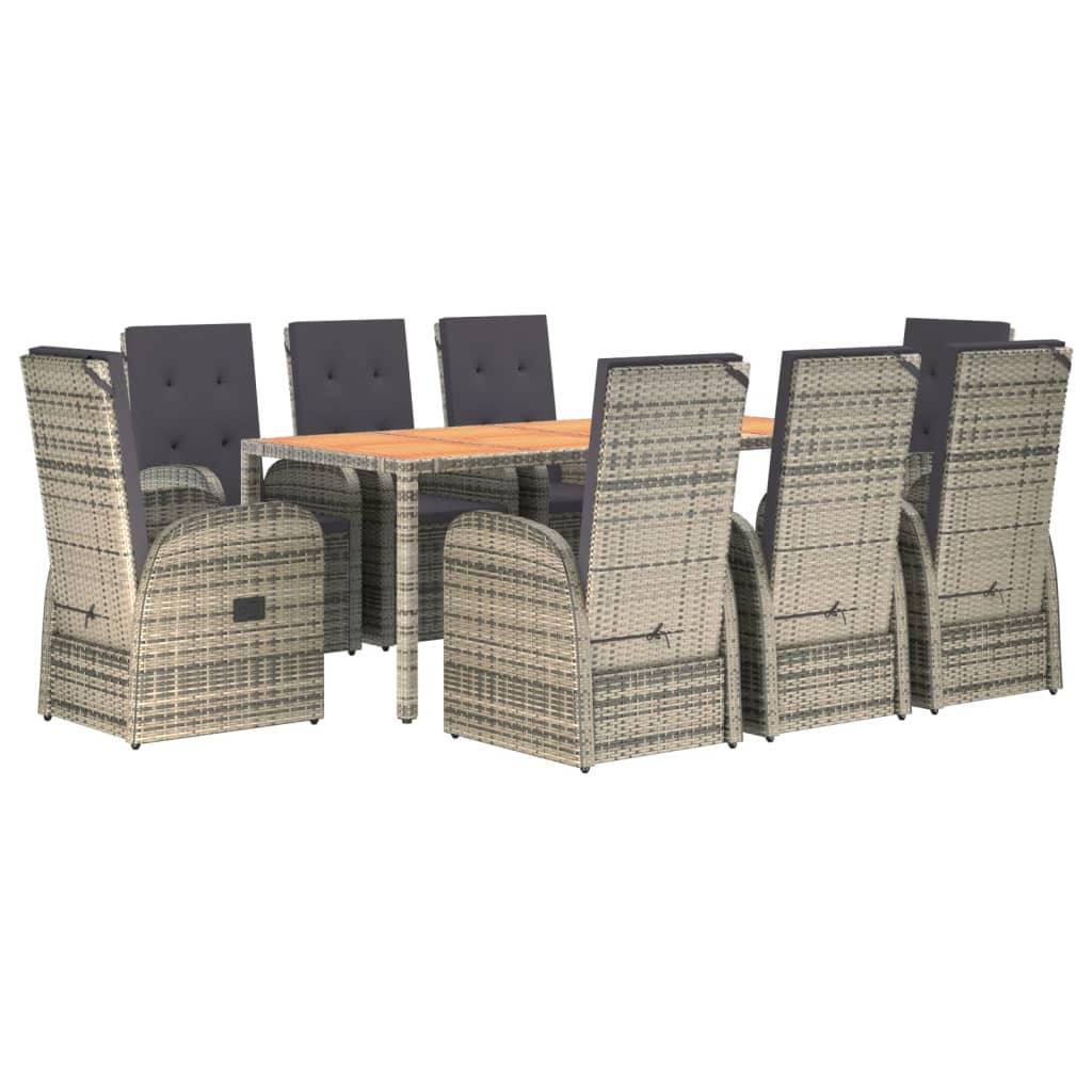 9 Piece Garden Dining Set with Cushions Grey Poly Rattan