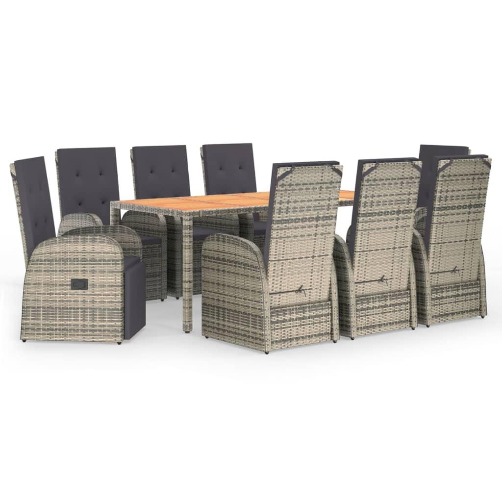 9 Piece Garden Dining Set with Cushions Grey Poly Rattan