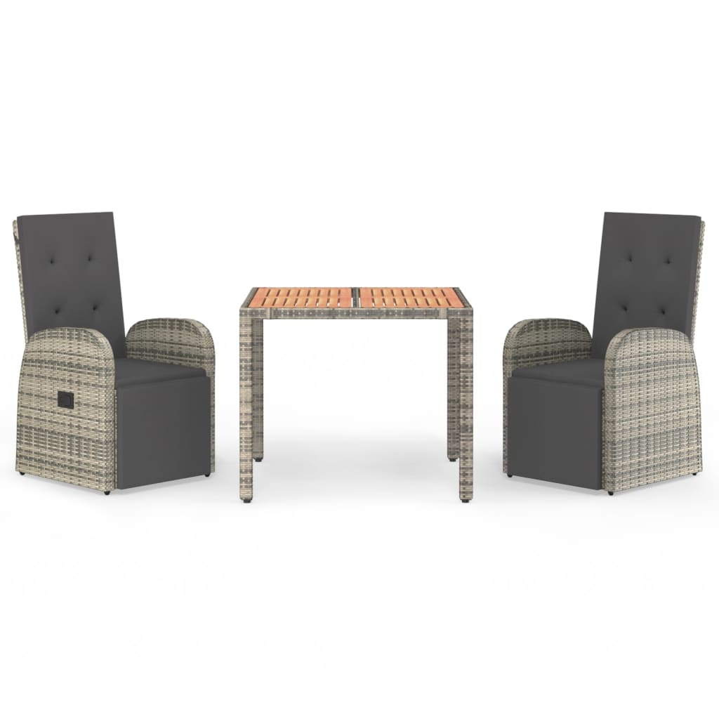 3 Piece Garden Dining Set with Cushions Grey Poly Rattan