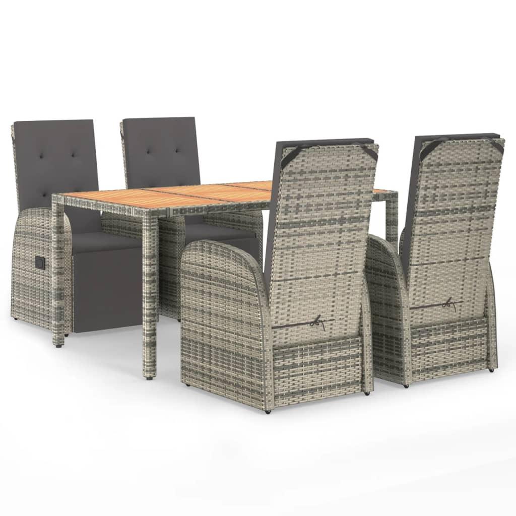 5 Piece Garden Dining Set with Cushions Grey Poly Rattan